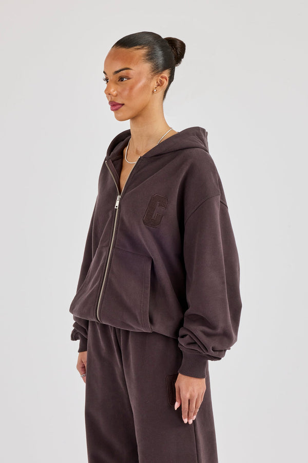 C Embroidered Zip Through Hoodie - Coffee