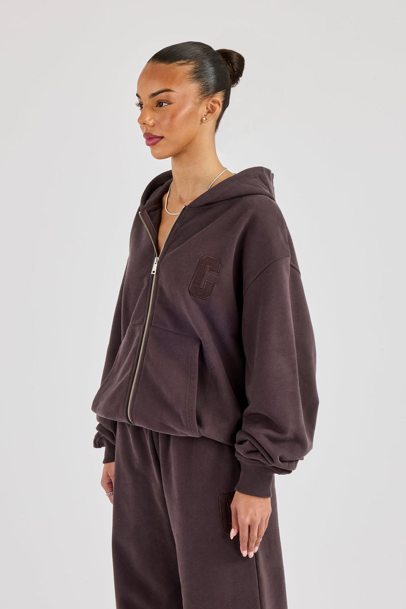 C Embroidered Zip Through Hoodie - Coffee
