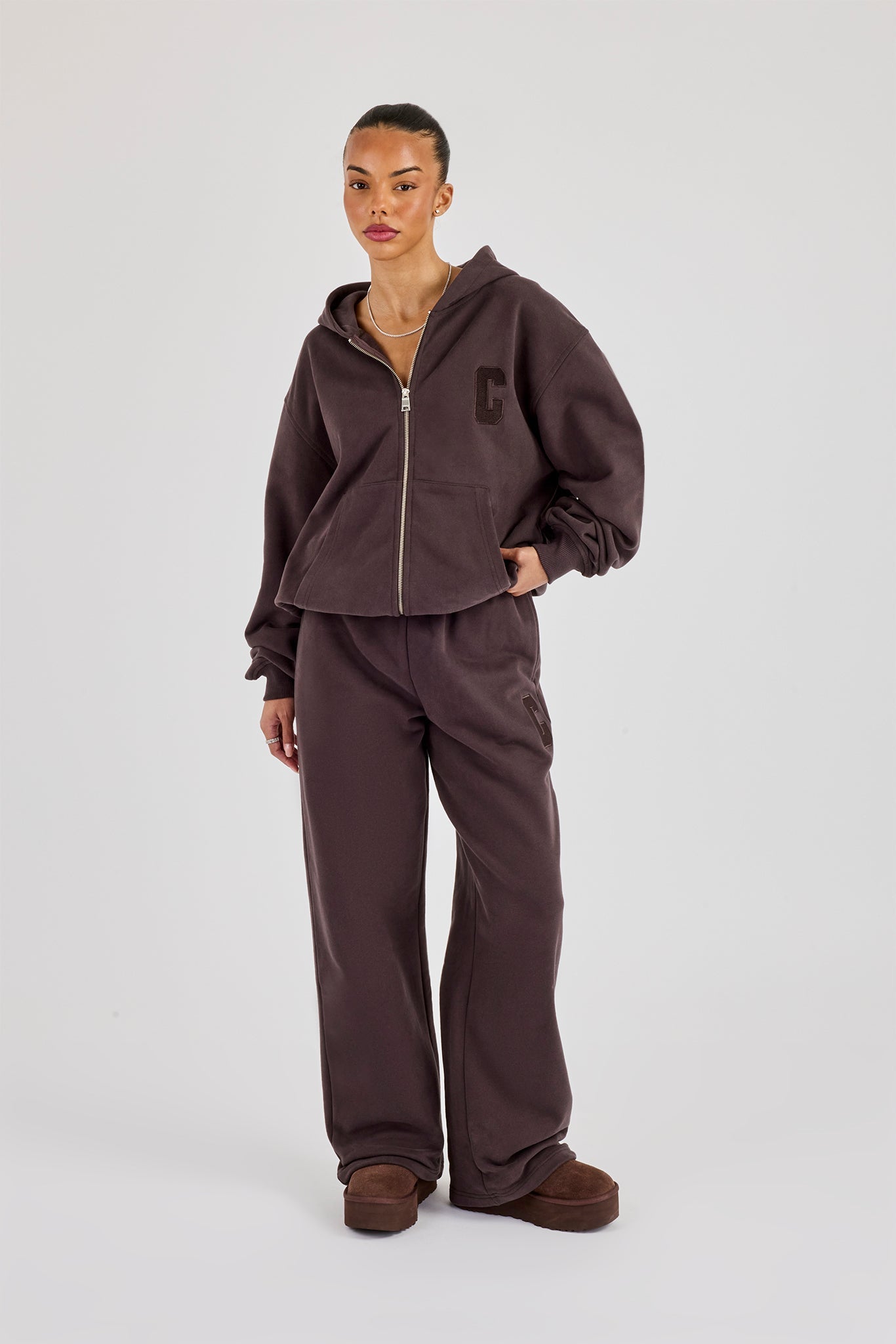 C Embroidered Zip Through Hoodie & Wide Leg Jogger - Coffee