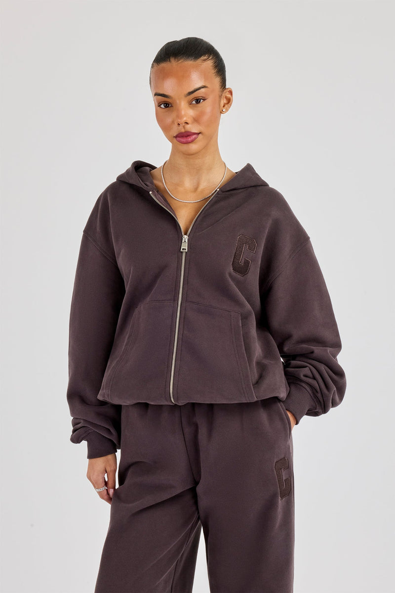 C Embroidered Zip Through Hoodie - Coffee