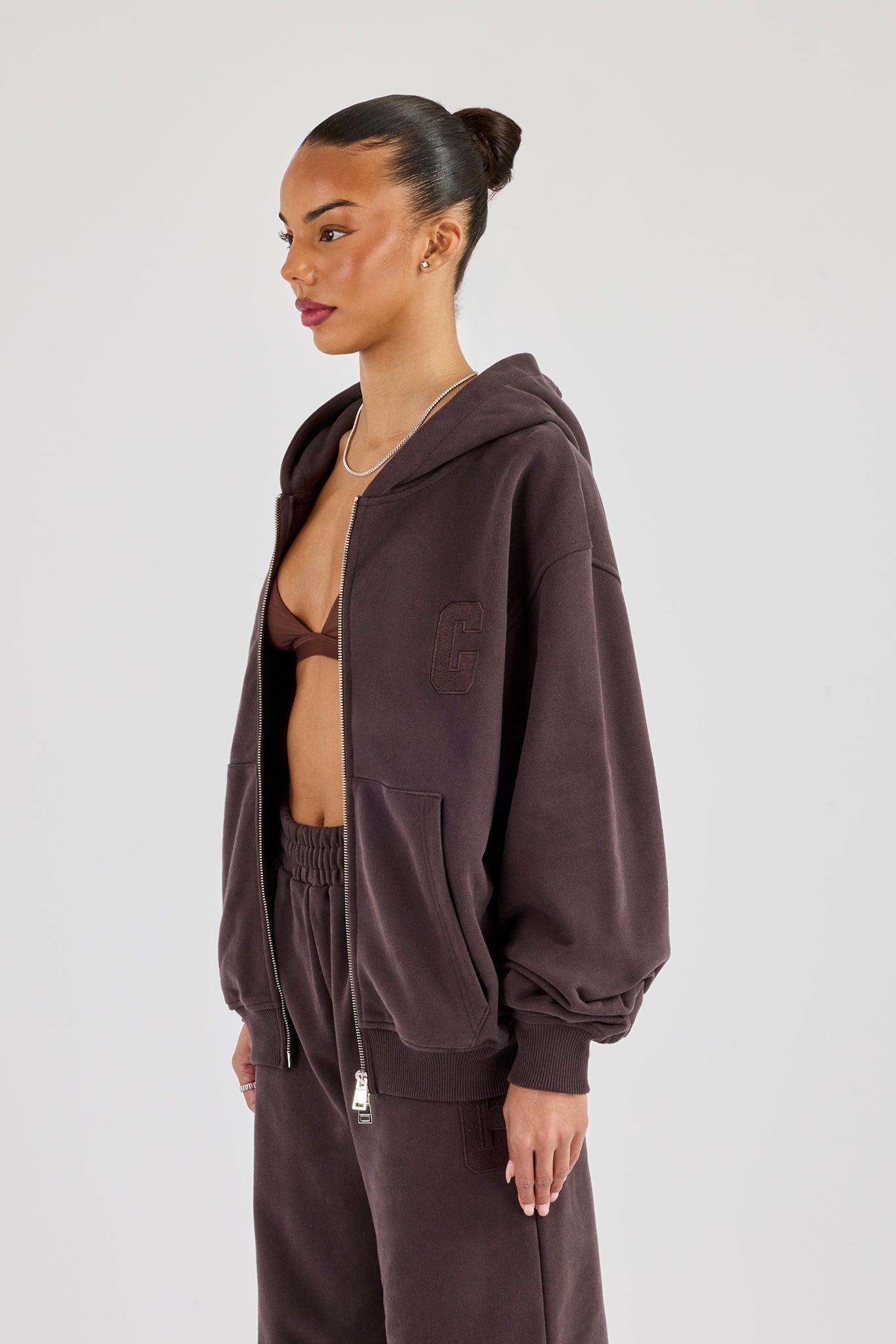 C Embroidered Zip Through Hoodie - Coffee