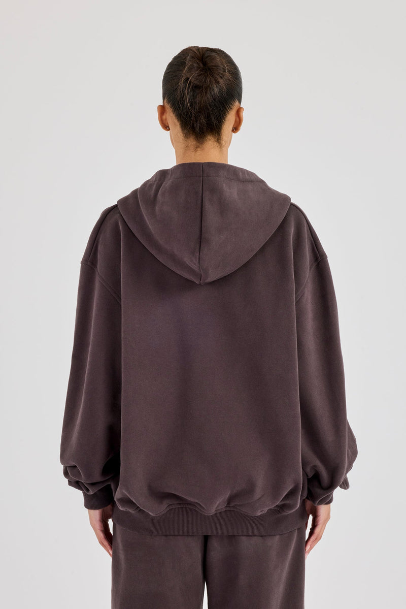 C Embroidered Zip Through Hoodie - Coffee