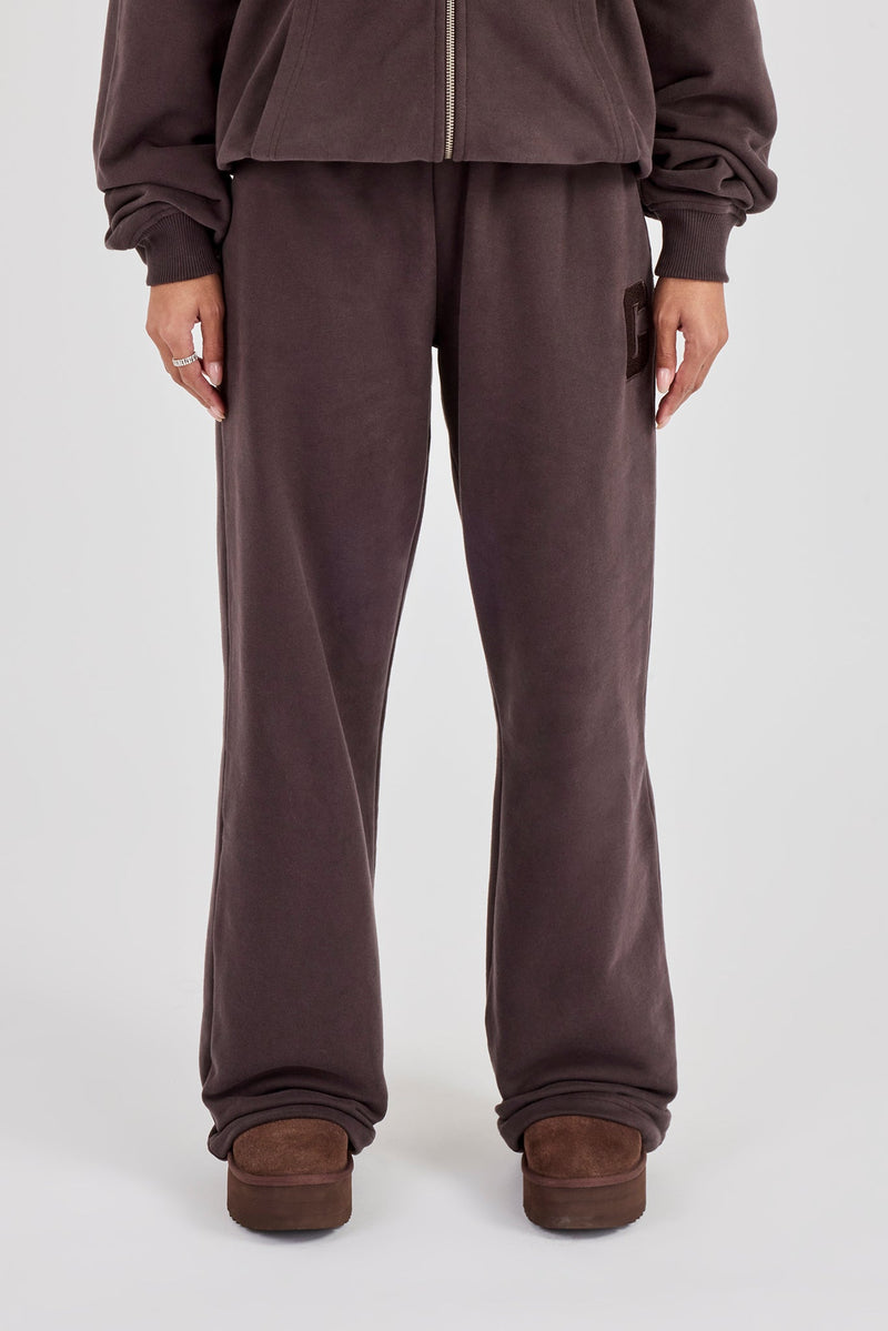C Embroidered Wide Leg Jogger - Coffee