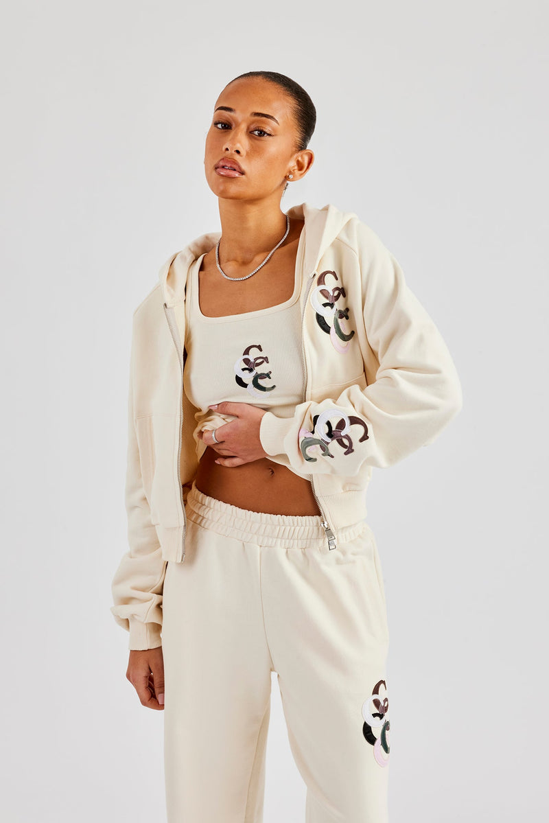 Cropped Washed Layered Applique Zip Hoodie - Off White