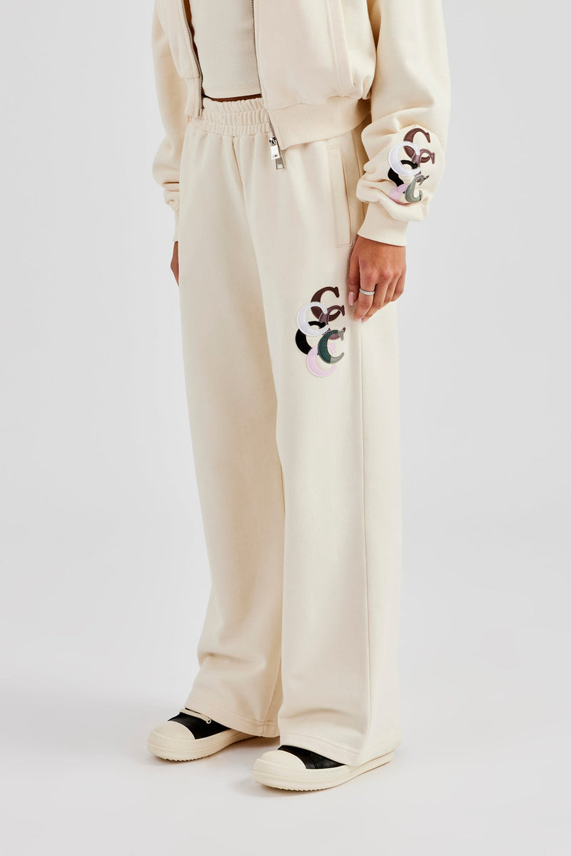 Washed Layered Applique Wide Leg Jogger - Off White