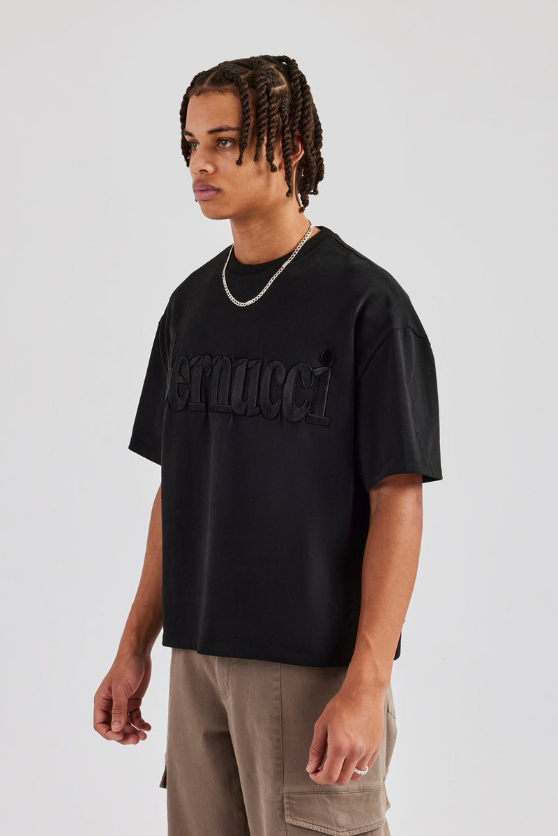 Washed Embroidered Boxy T-Shirt - Black