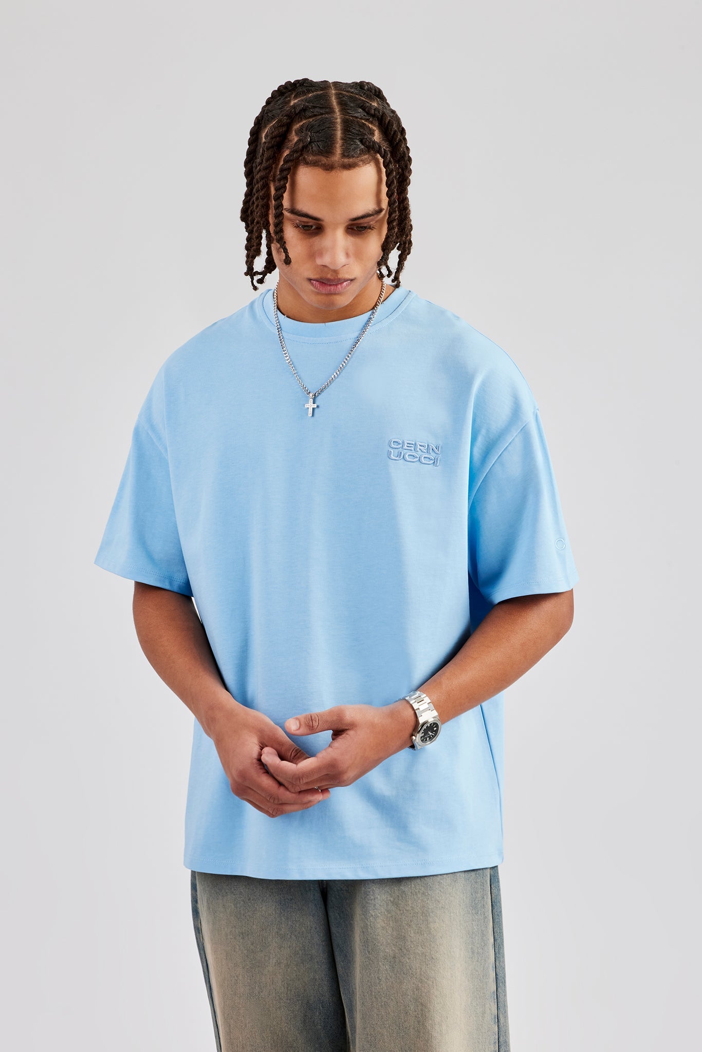 Oversized Washed Embroidered T-Shirt - Light Blue