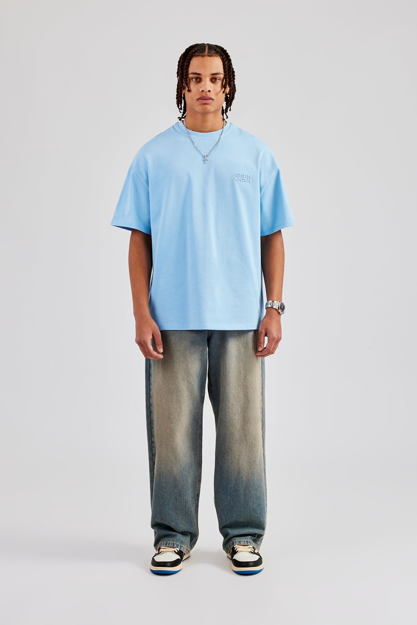 Oversized Washed Embroidered T-Shirt - Light Blue
