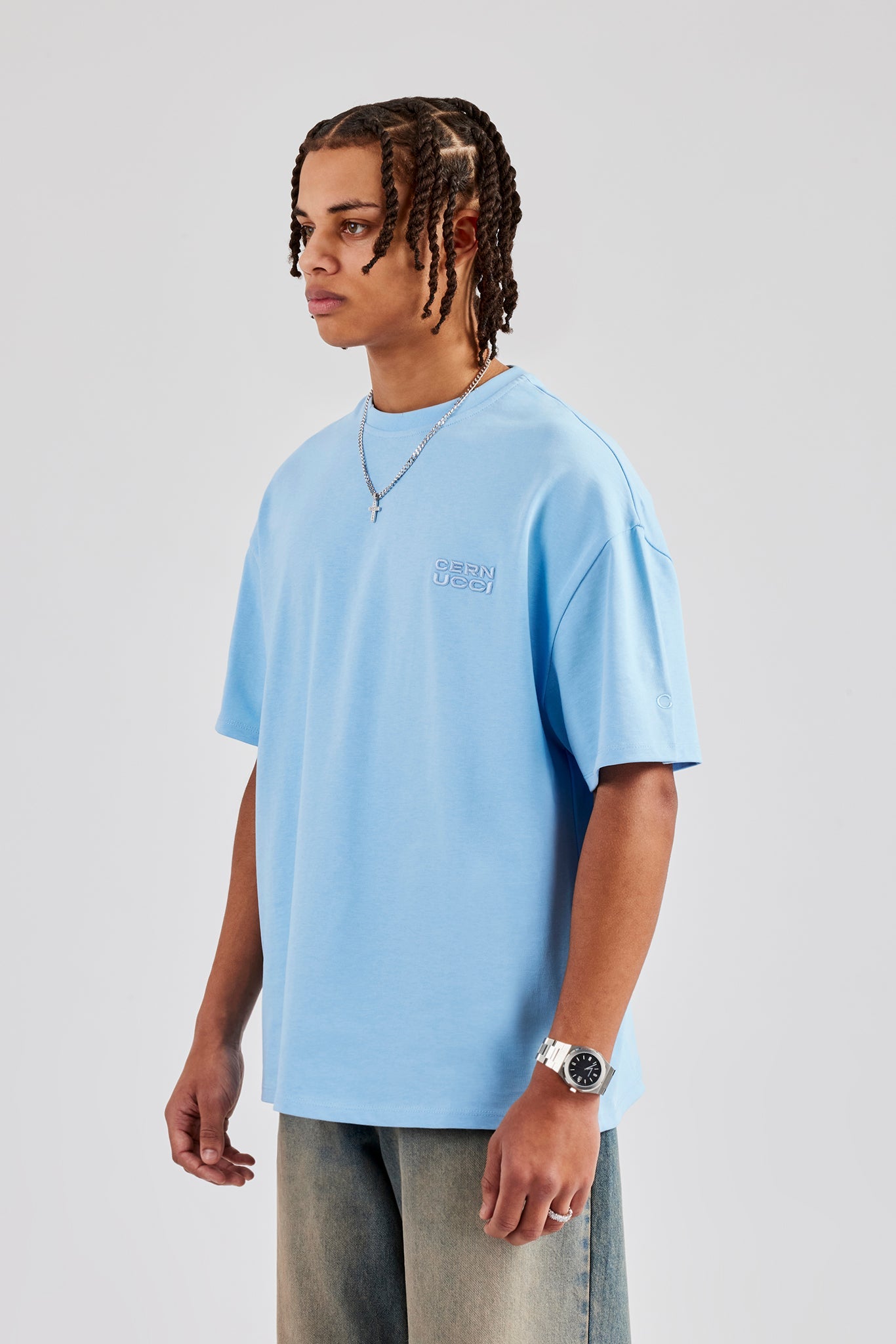 Oversized Washed Embroidered T-Shirt - Light Blue