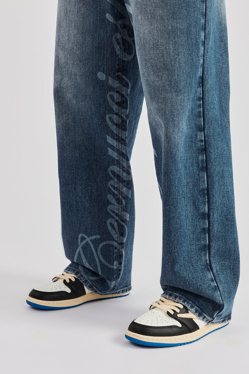 Baggy Fit Laser Print Jeans - Mid Blue