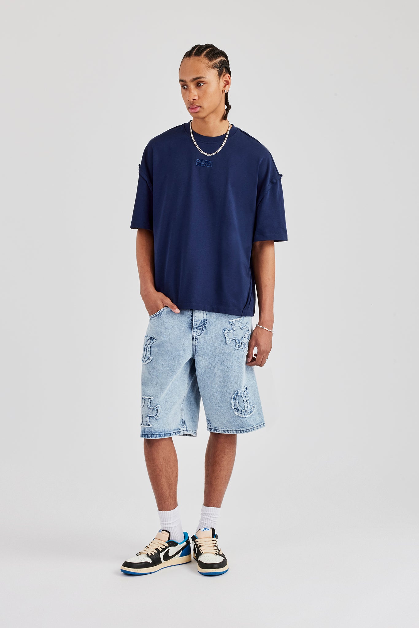 BERMUDA before a chain 未開封 Raw Edge Applique Denim Bermuda Short - Light Blue | Mens Denim