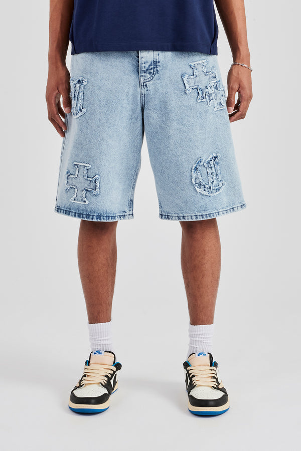 Raw Edge Applique Denim Bermuda Short - Light Blue