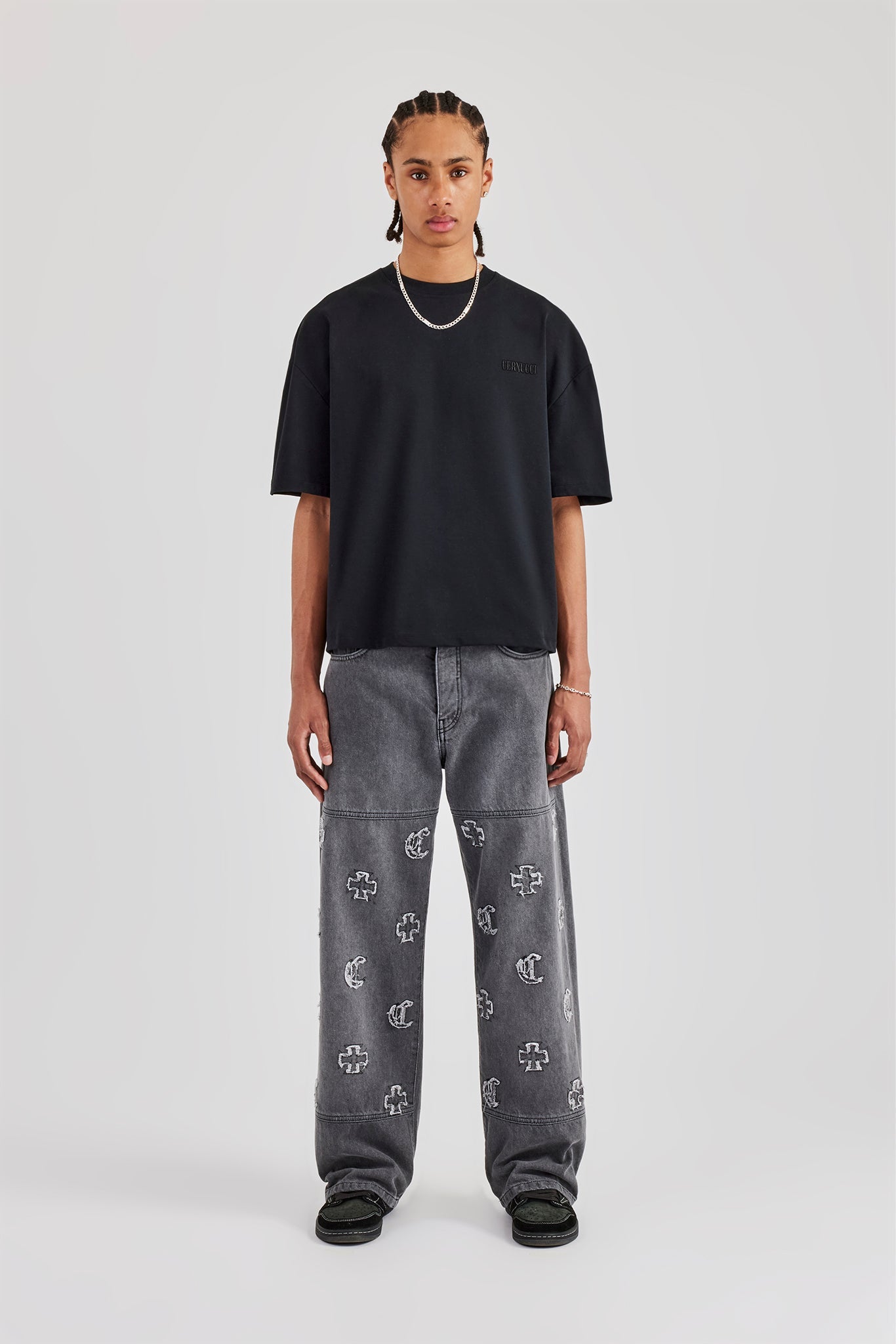 Applique Motif Baggy Fit Jean - Washed Grey