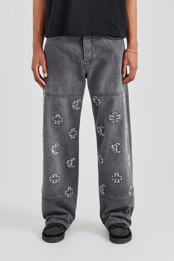 Applique Motif Baggy Fit Jean - Washed Grey