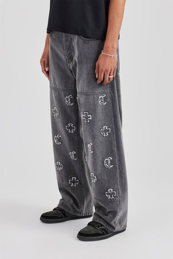 Applique Motif Baggy Fit Jean - Washed Grey