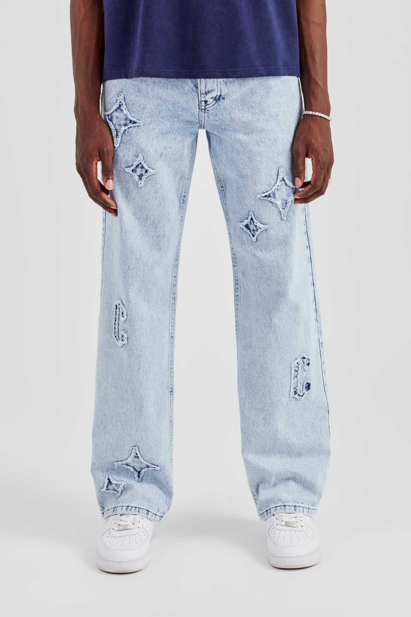 Mens Relaxed Fit Applique Denim Jean - Ice Blue | Mens Denim