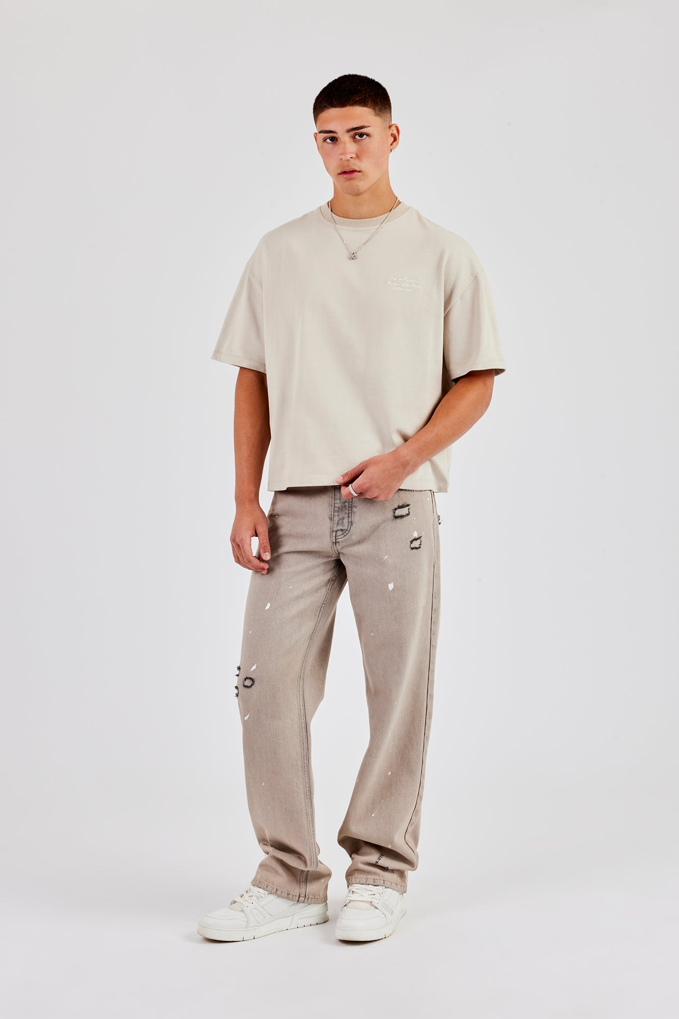 Relaxed Paint Splatter Jean - Washed Stone