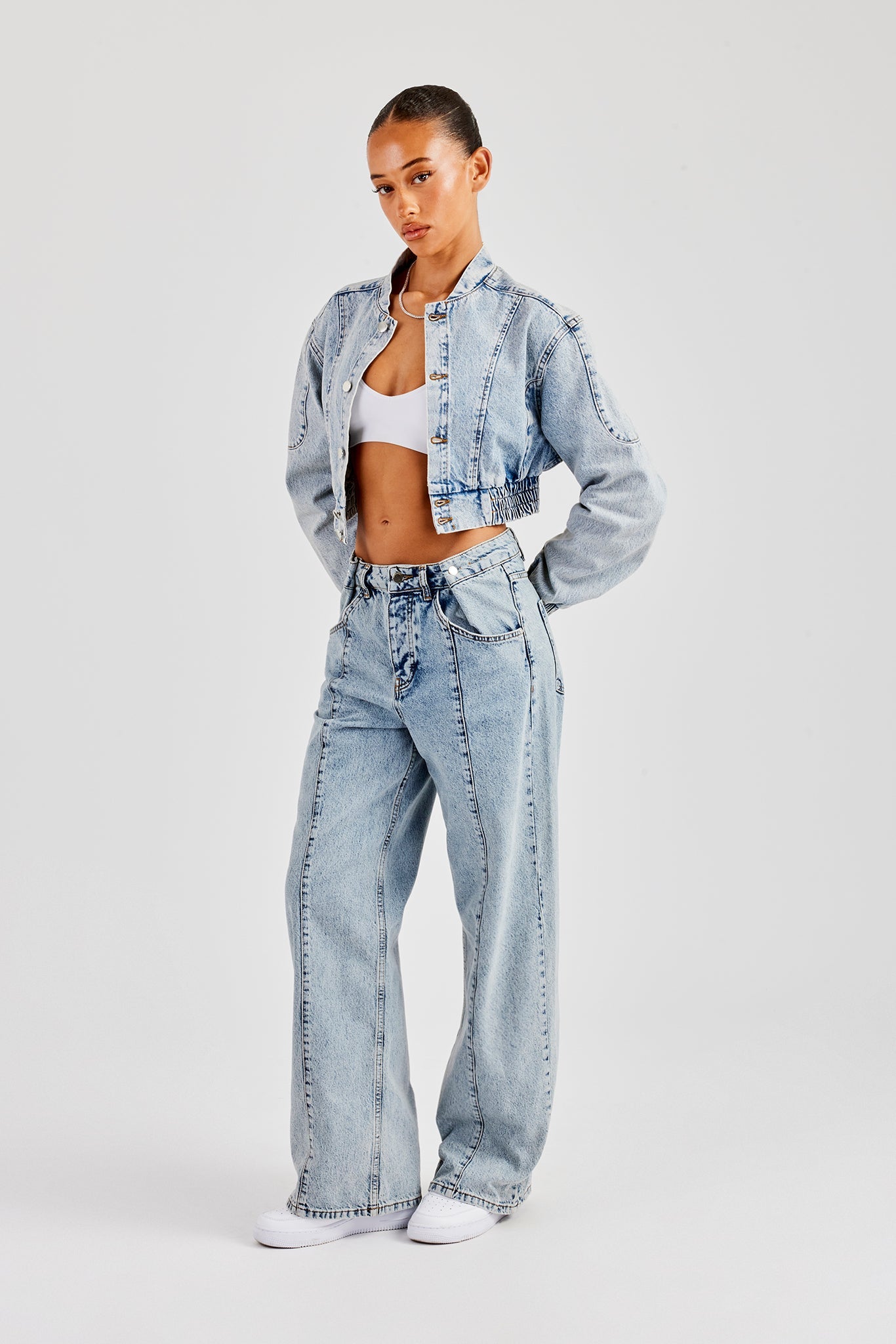 Denim Bomber Jacket & Baggy Waist Button Jean - Light Vintage