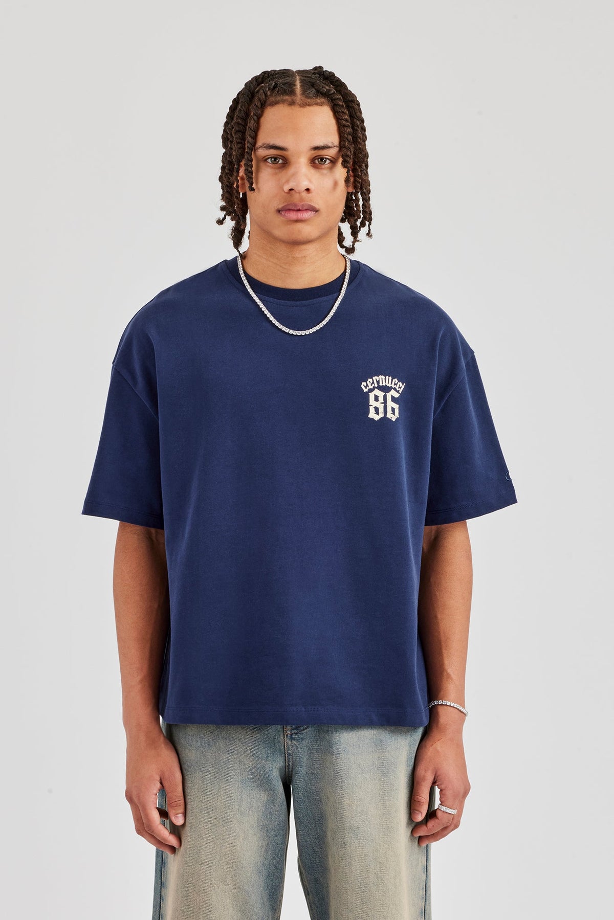 86 Back Print Boxy T-Shirt - Navy Blue | Mens Tees & Vests | Shop 