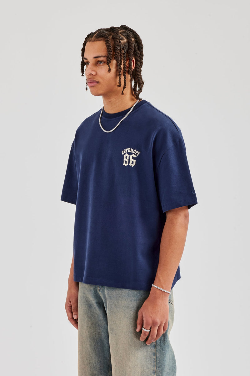 86 Back Print Boxy T-Shirt - Navy Blue