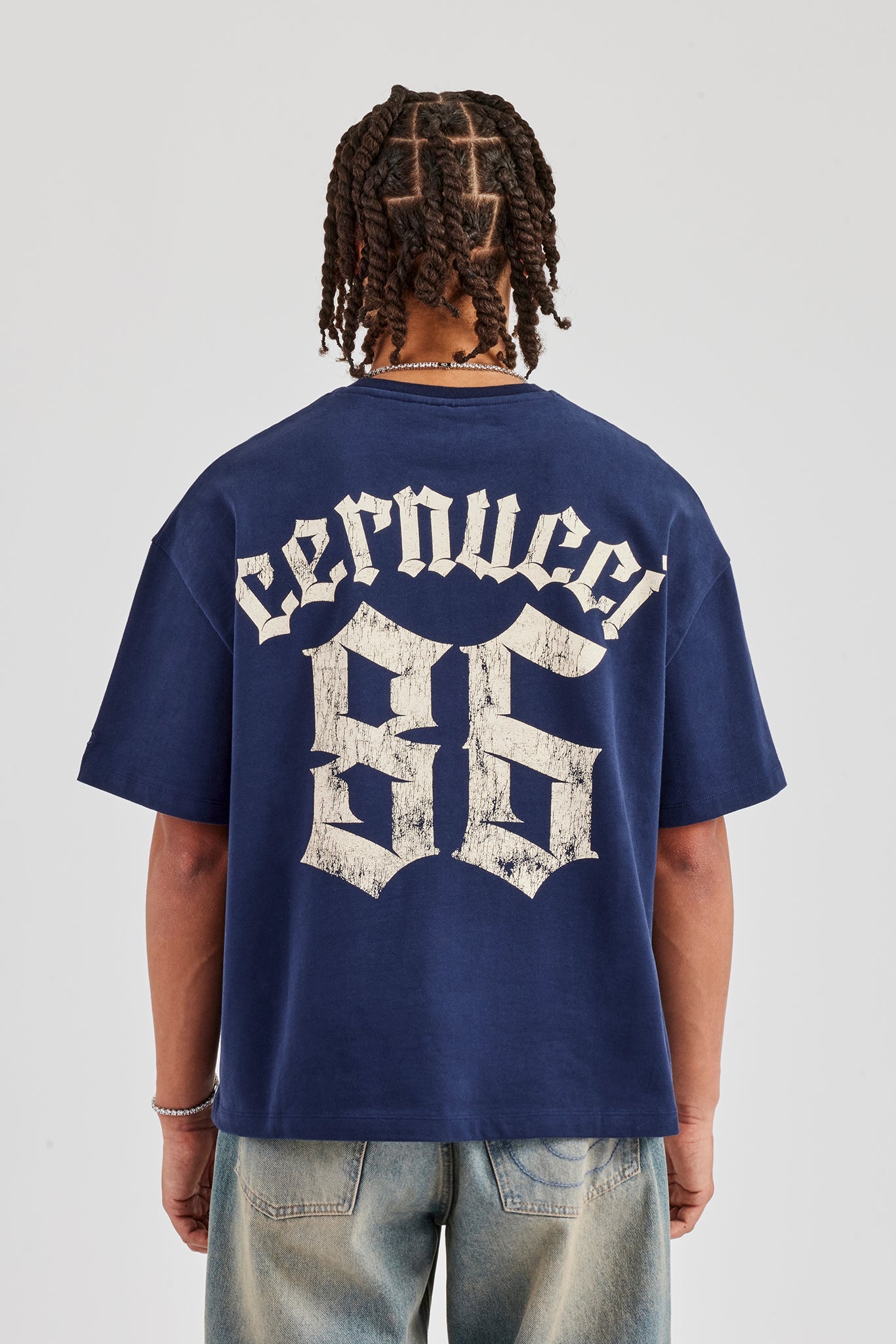86 Back Print Boxy T-Shirt - Navy Blue | Mens Tees & Vests | Shop