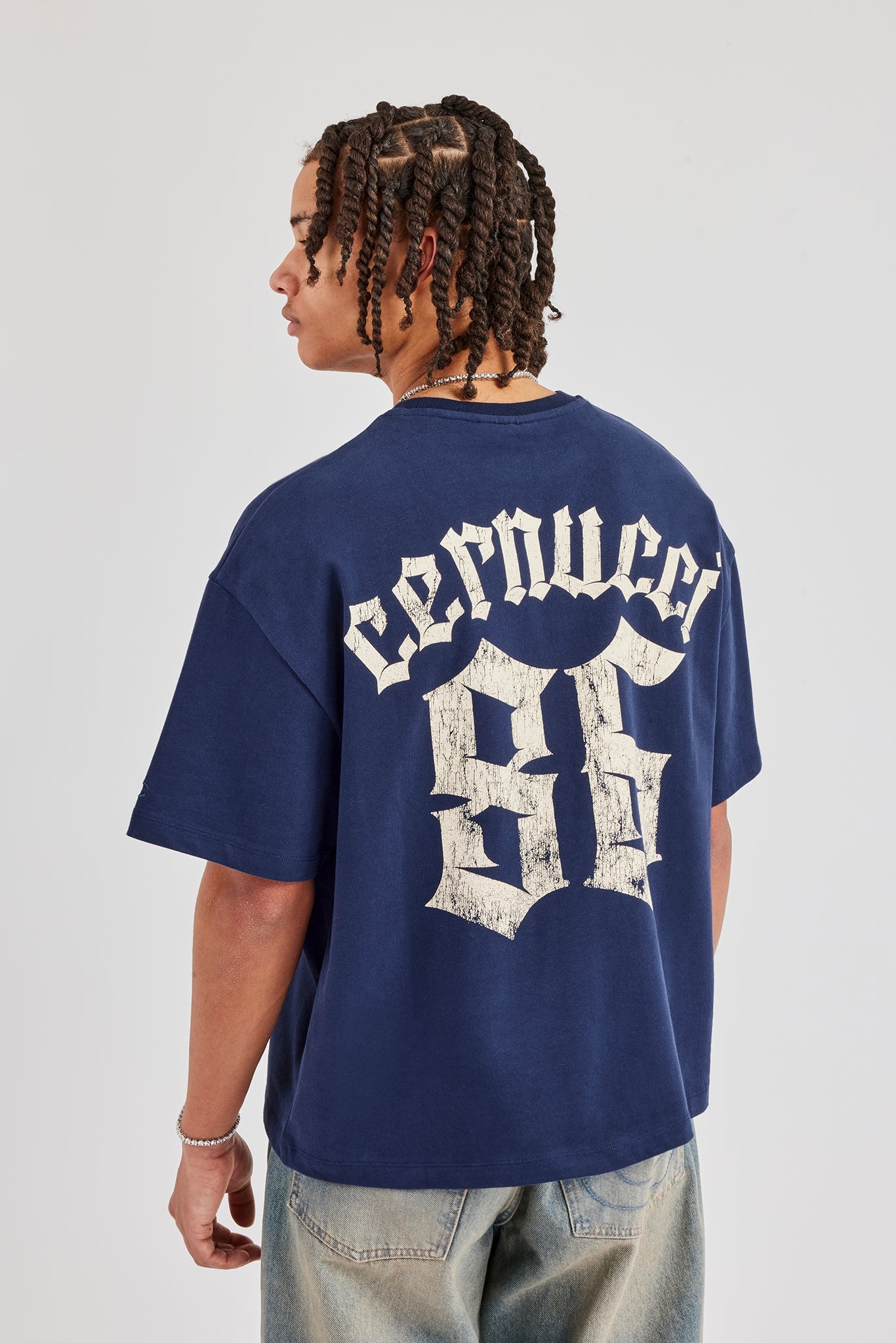 86 Back Print Boxy T-Shirt - Navy Blue | Mens Tees & Vests | Shop