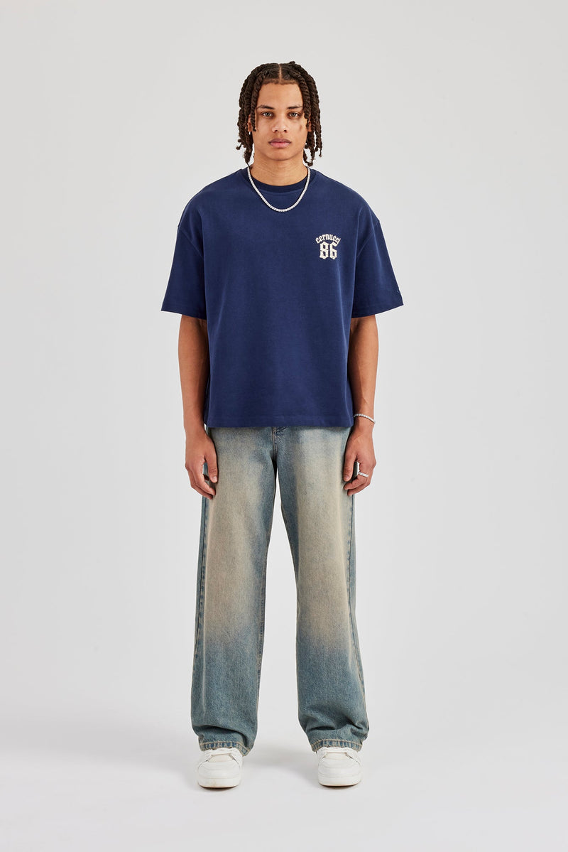 86 Back Print Boxy T-Shirt - Navy Blue