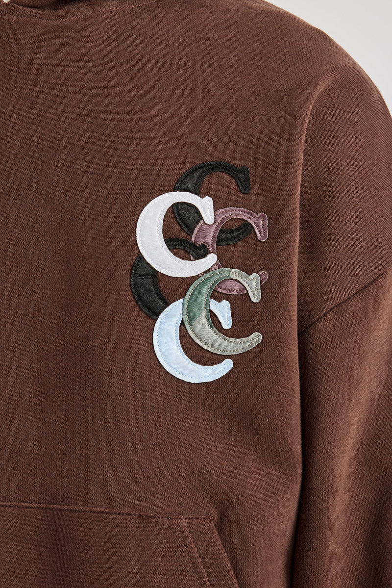 Washed Layered Applique Hoodie - Chocolate