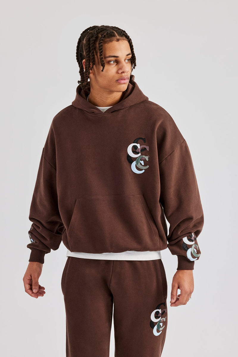 Washed Layered Applique Hoodie - Chocolate