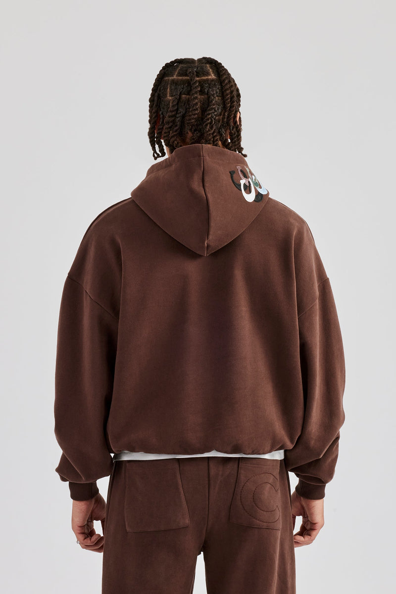 Washed Layered Applique Hoodie - Chocolate