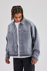 Mens Contrast Stitch Denim Jacket - Washed Grey