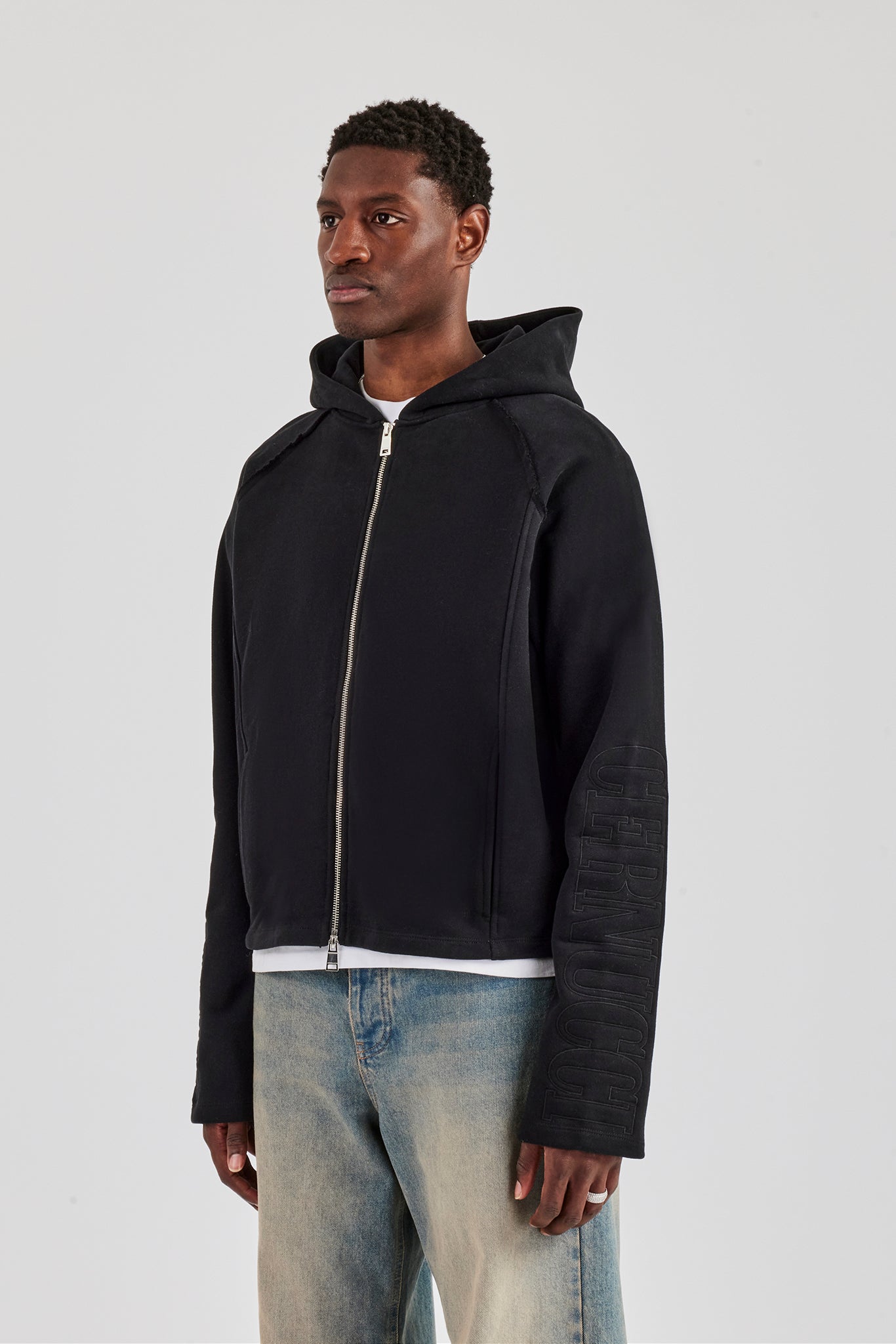 Boxy Raglan Embroidered Zip Through - Black