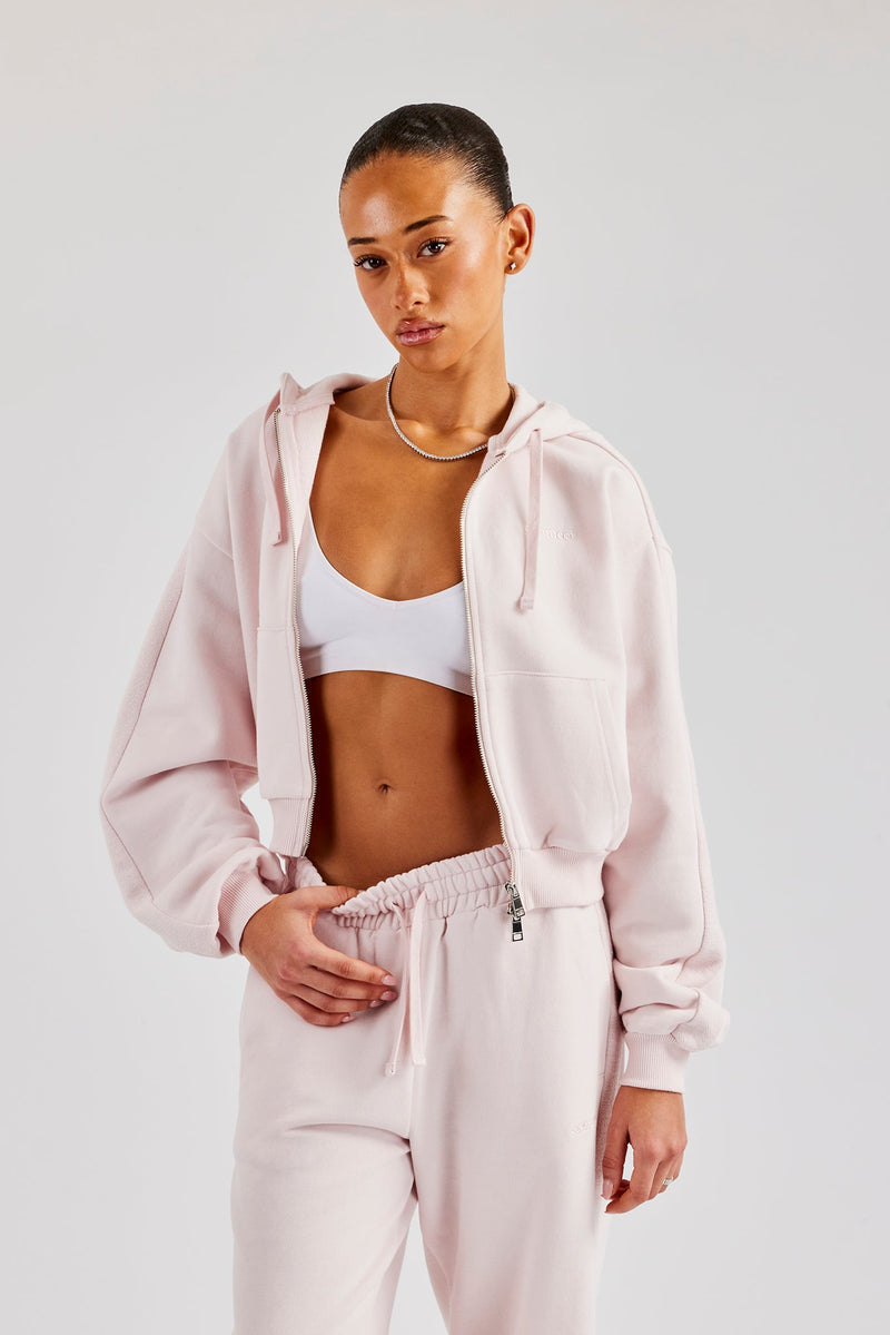 Boxy Zip Through Panelled Hoodie - Pink