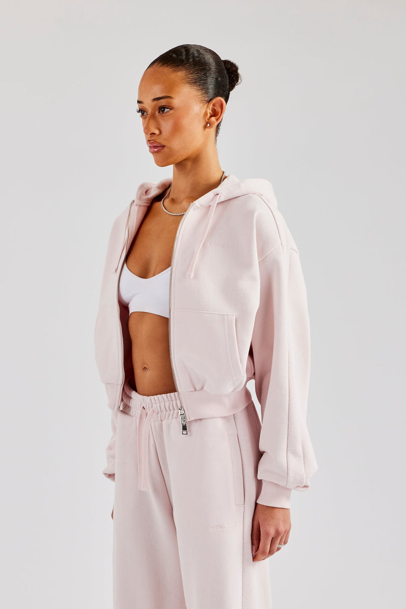 Boxy Zip Through Panelled Hoodie - Pink