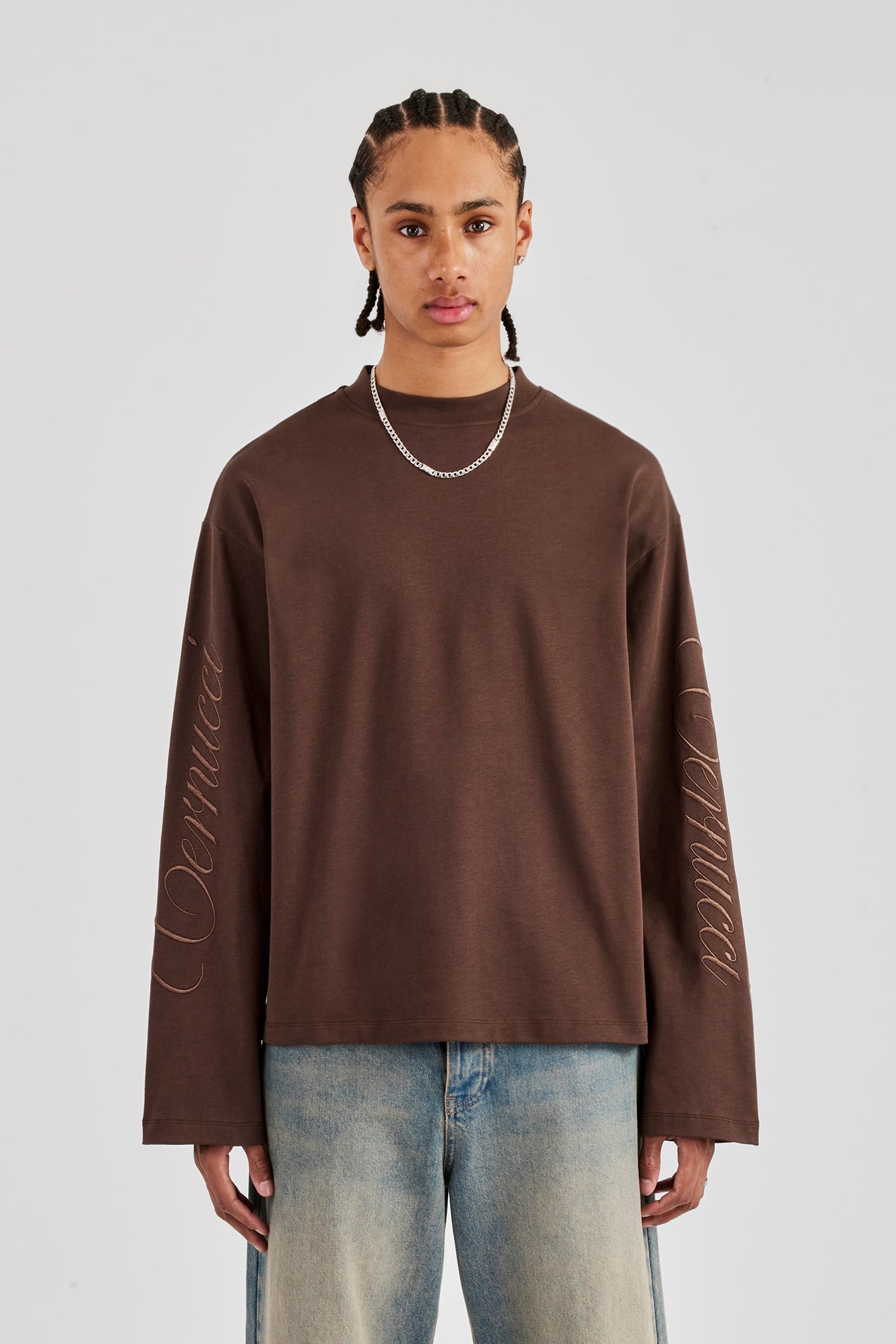 Embroidered Long Sleeve T-Shirt - Chocolate | Mens Tees & Vests