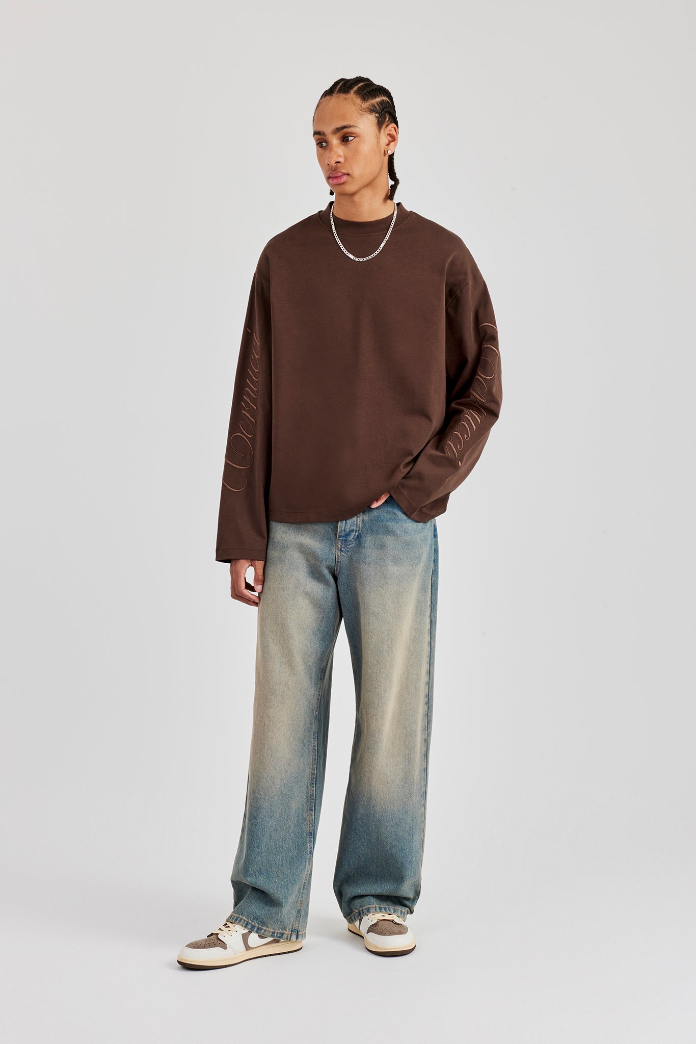 Embroidered Long Sleeve T-Shirt - Chocolate | Mens Tees & Vests