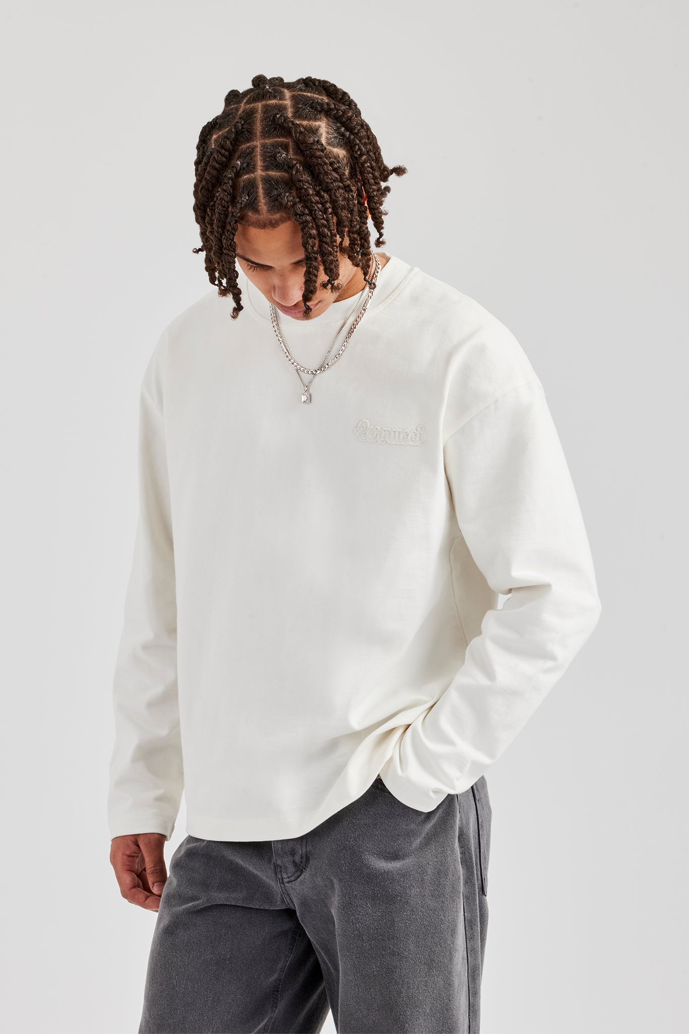 Washed Cernucci Long Sleeve T-Shirt - Off White