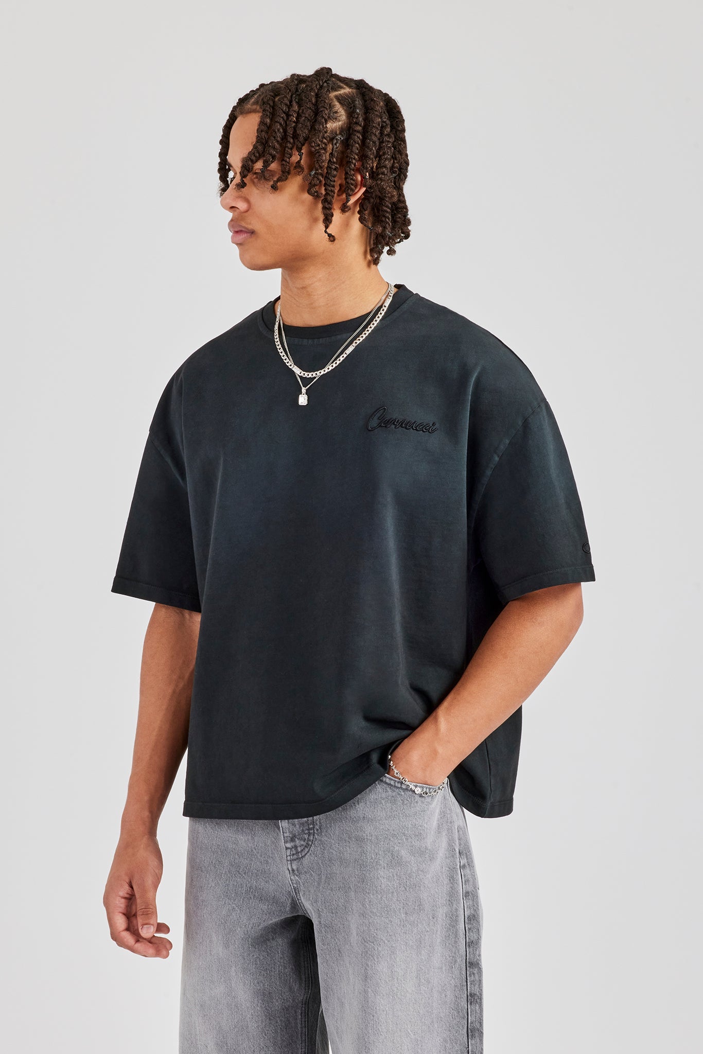 Washed Script Short Sleeve Boxy T-Shirt - Black
