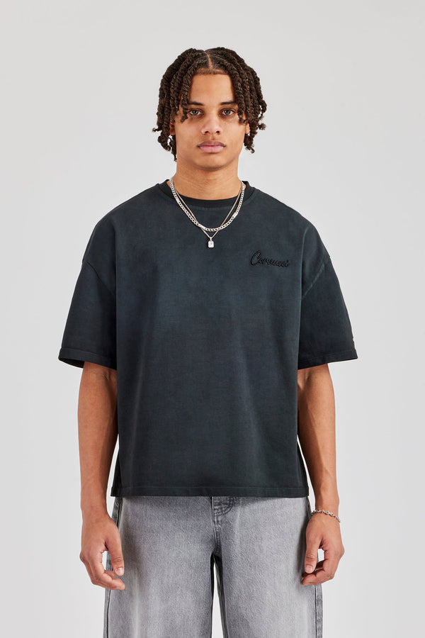 Washed Script Short Sleeve Boxy T-Shirt - Black