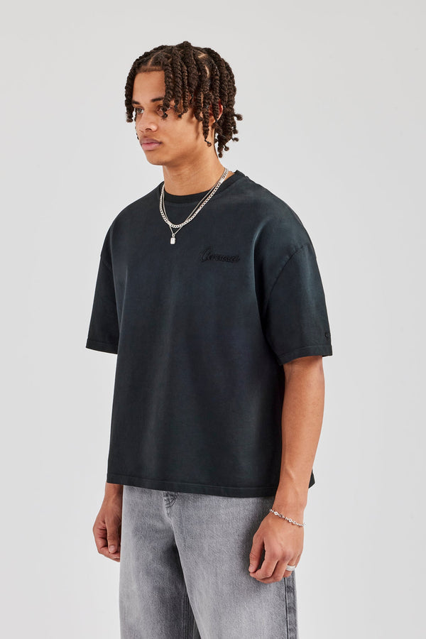 Washed Script Short Sleeve Boxy T-Shirt - Black