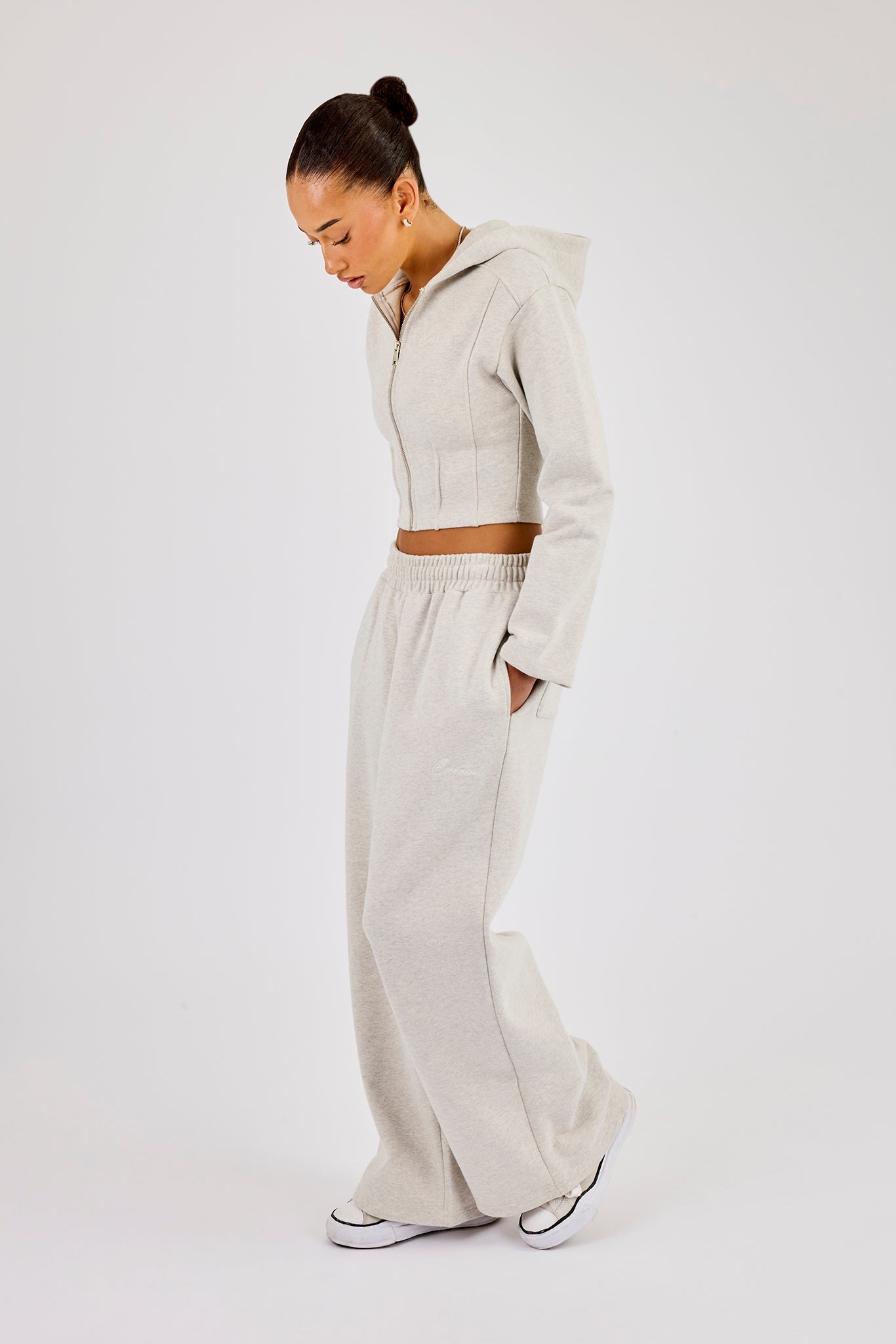 Corset Zip Through Hoodie & Super Baggy Wide Leg Jogger - Grey Marl