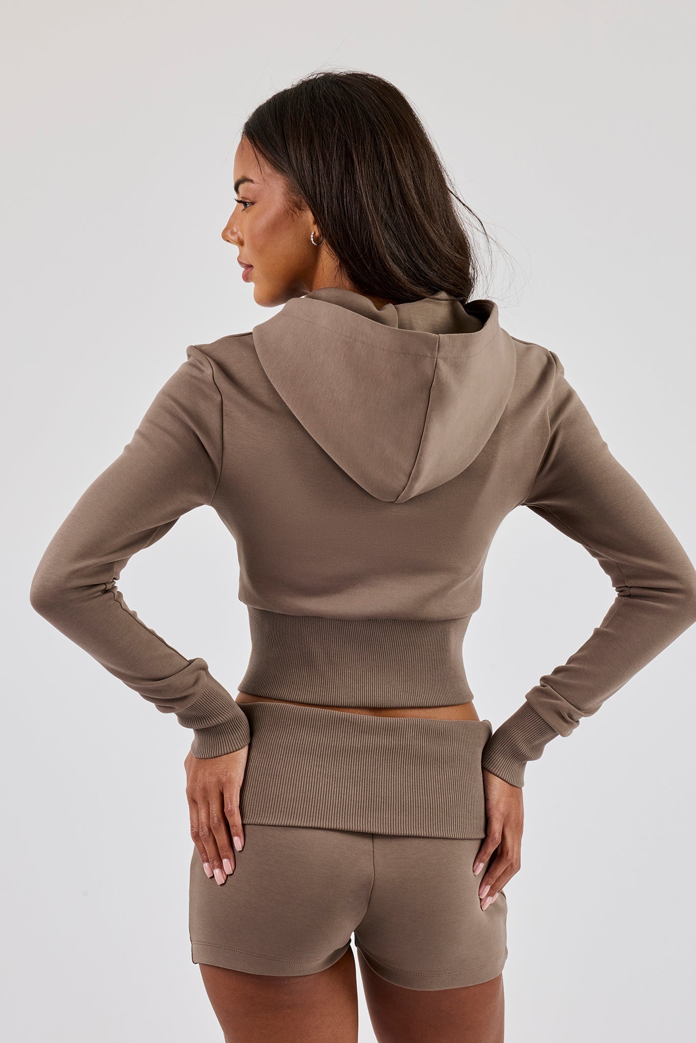 Soft Touch Rib Contrast Fitted Zip Through - Taupe