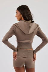 Soft Touch Rib Contrast Fitted Zip Through - Taupe