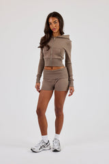 Soft Touch Rib Contrast Fitted Zip Through & Folder Over Waist Short  - Taupe