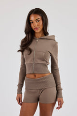 Soft Touch Rib Contrast Fitted Zip Through - Taupe