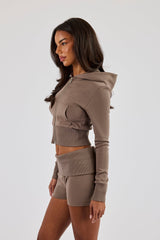 Soft Touch Rib Contrast Fitted Zip Through - Taupe