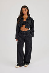 Super Cropped Denim Jacket & Pocket Detail Jean - Washed Black