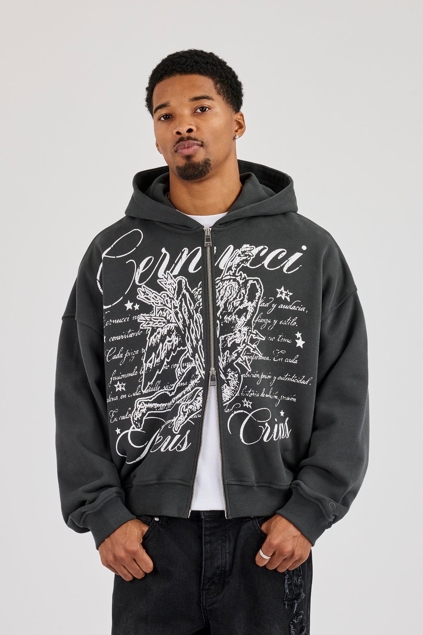 Cherub Text Printed Zip Through - Charcoal