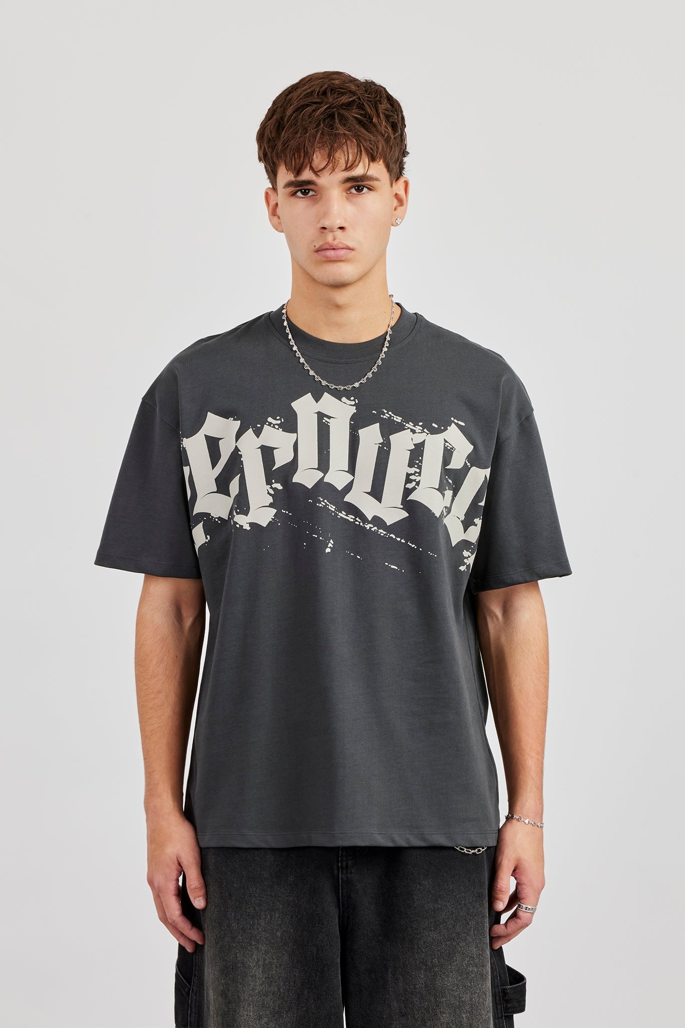 Cernucci Chest Print Oversized T-Shirt - Charcoal