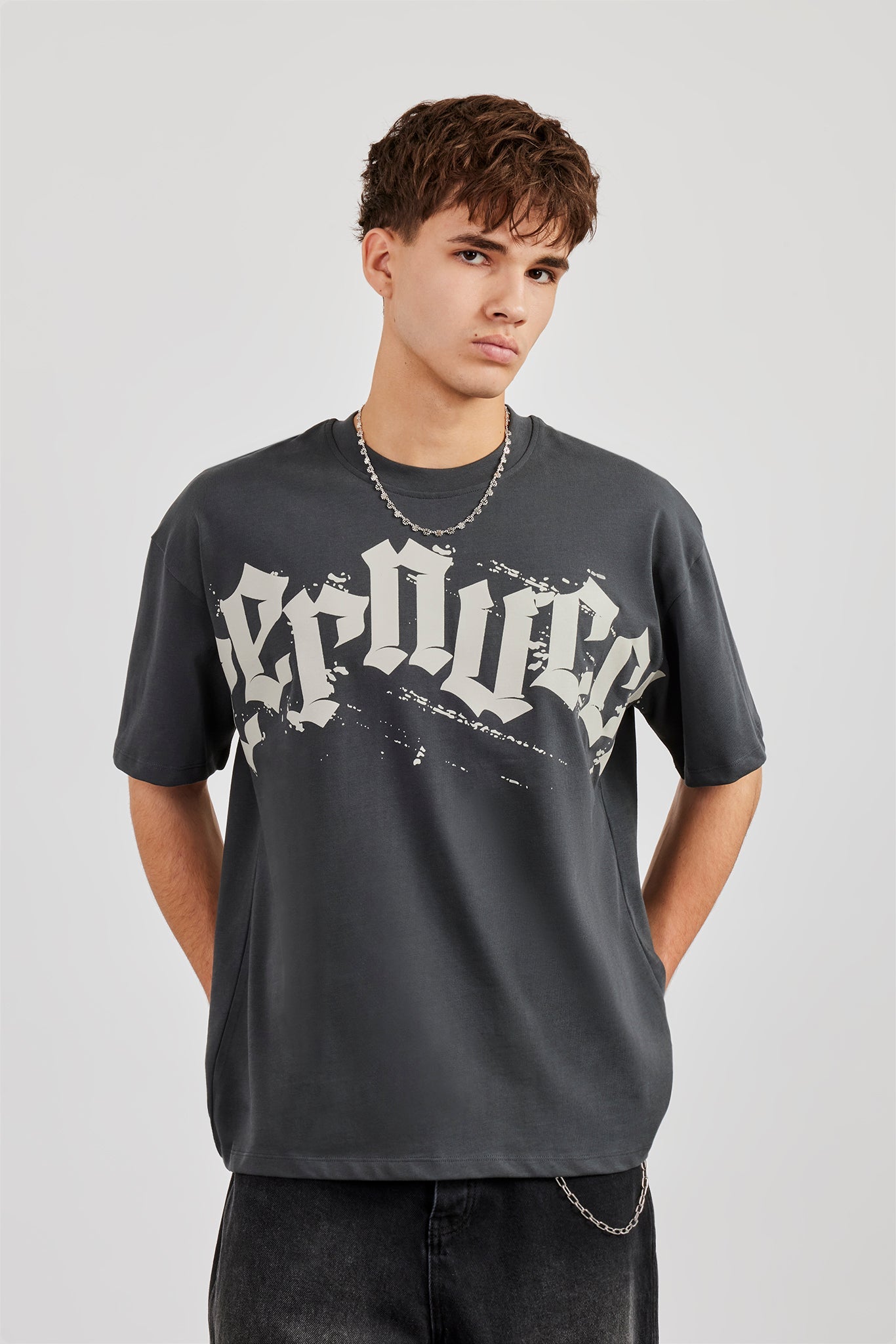 Cernucci Chest Print Oversized T-Shirt - Charcoal